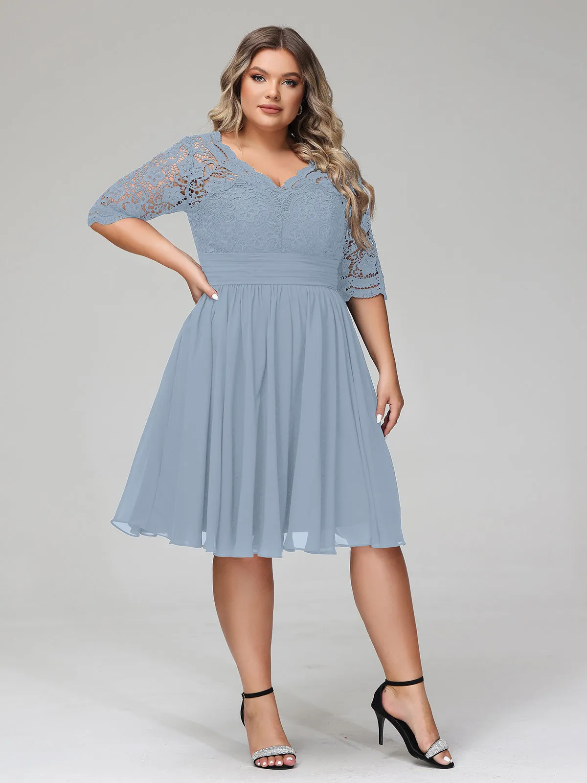 Lace and Chiffon Short Dress with Half Sleeves Dusty Blue