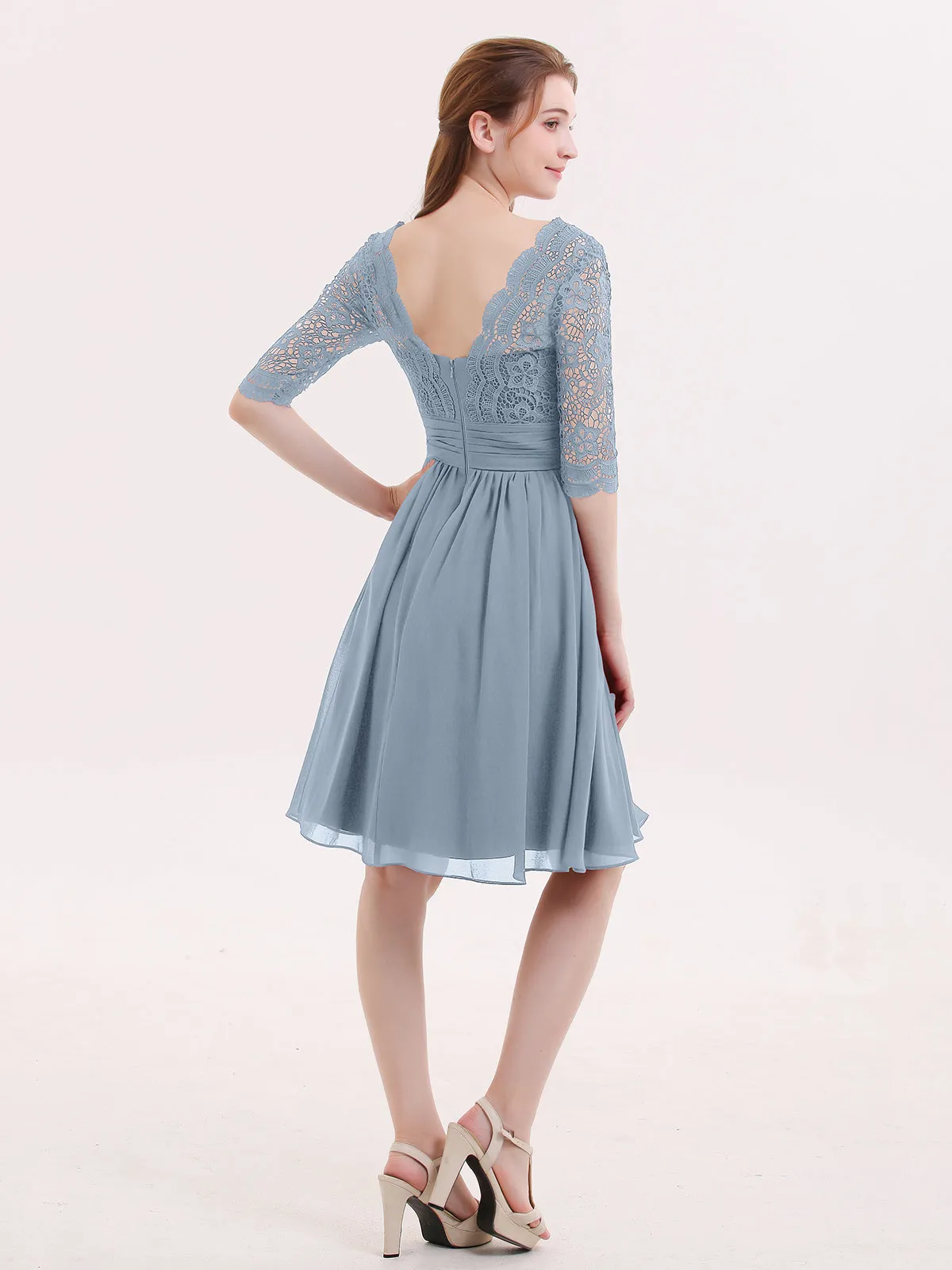 Lace and Chiffon Short Dress with Half Sleeves Dusty Blue