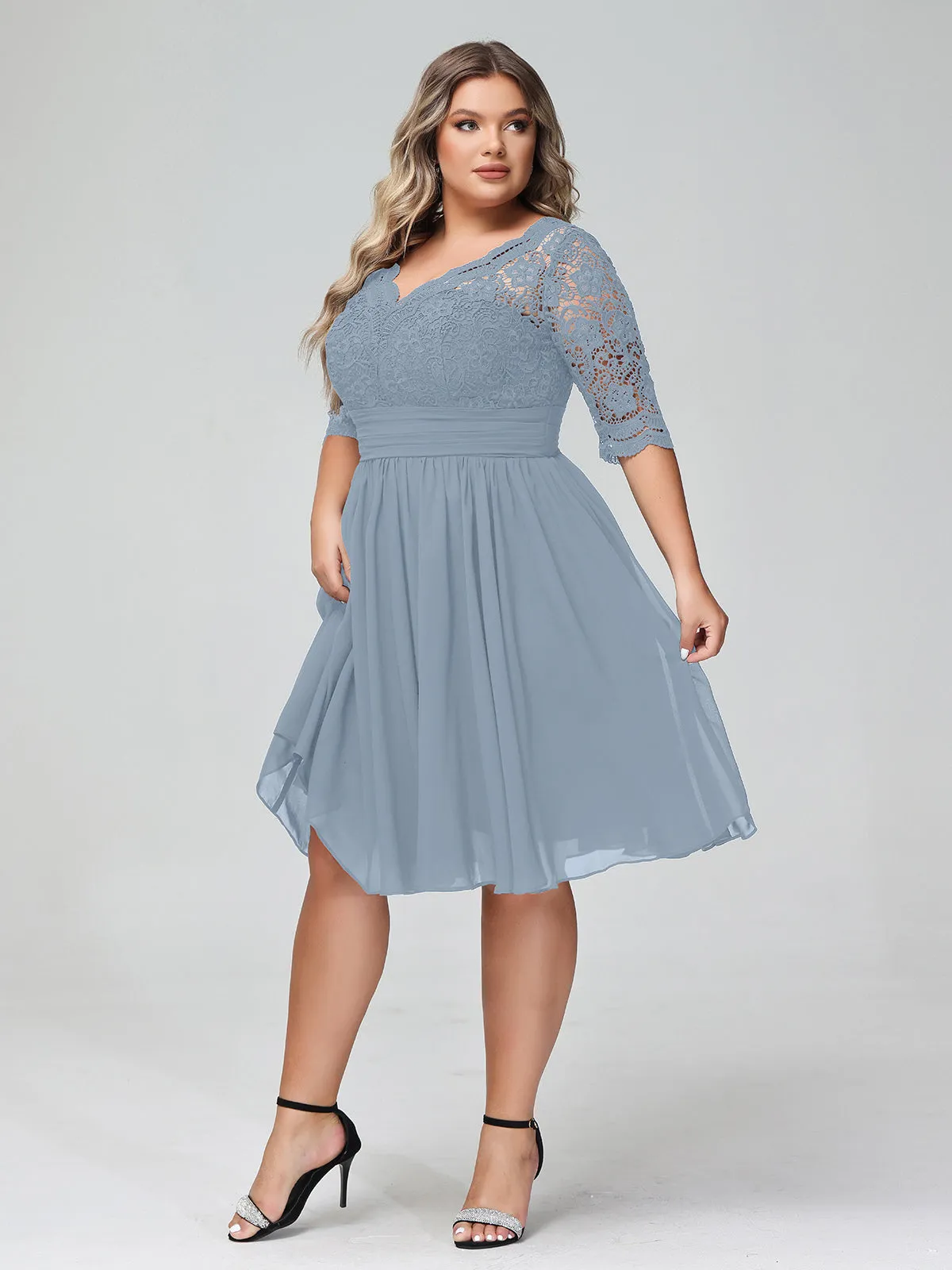 Lace and Chiffon Short Dress with Half Sleeves Dusty Blue