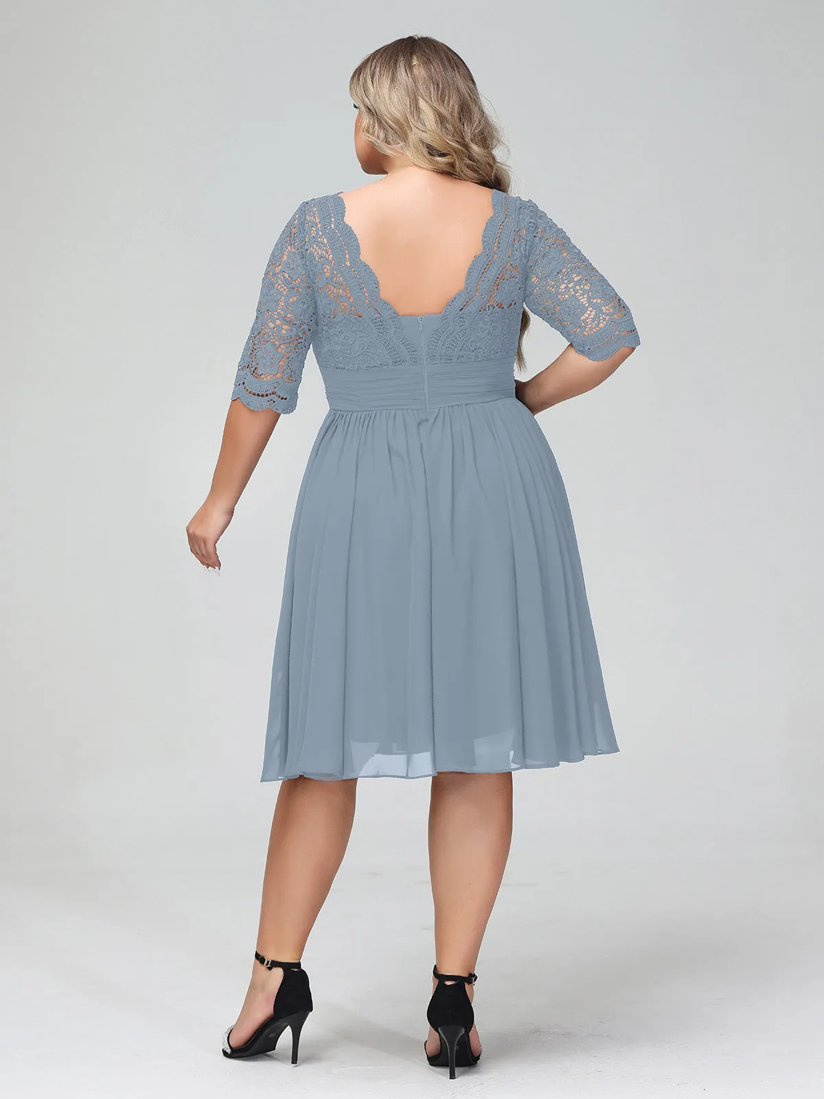 Lace and Chiffon Short Dress with Half Sleeves Dusty Blue