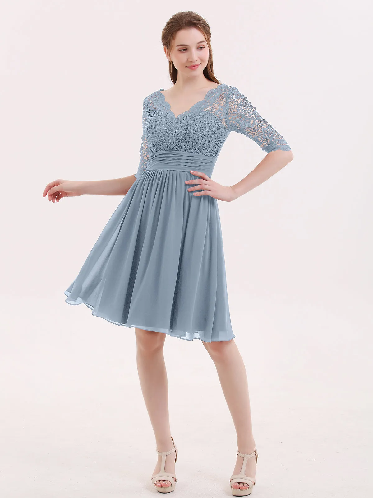 Lace and Chiffon Short Dress with Half Sleeves Dusty Blue