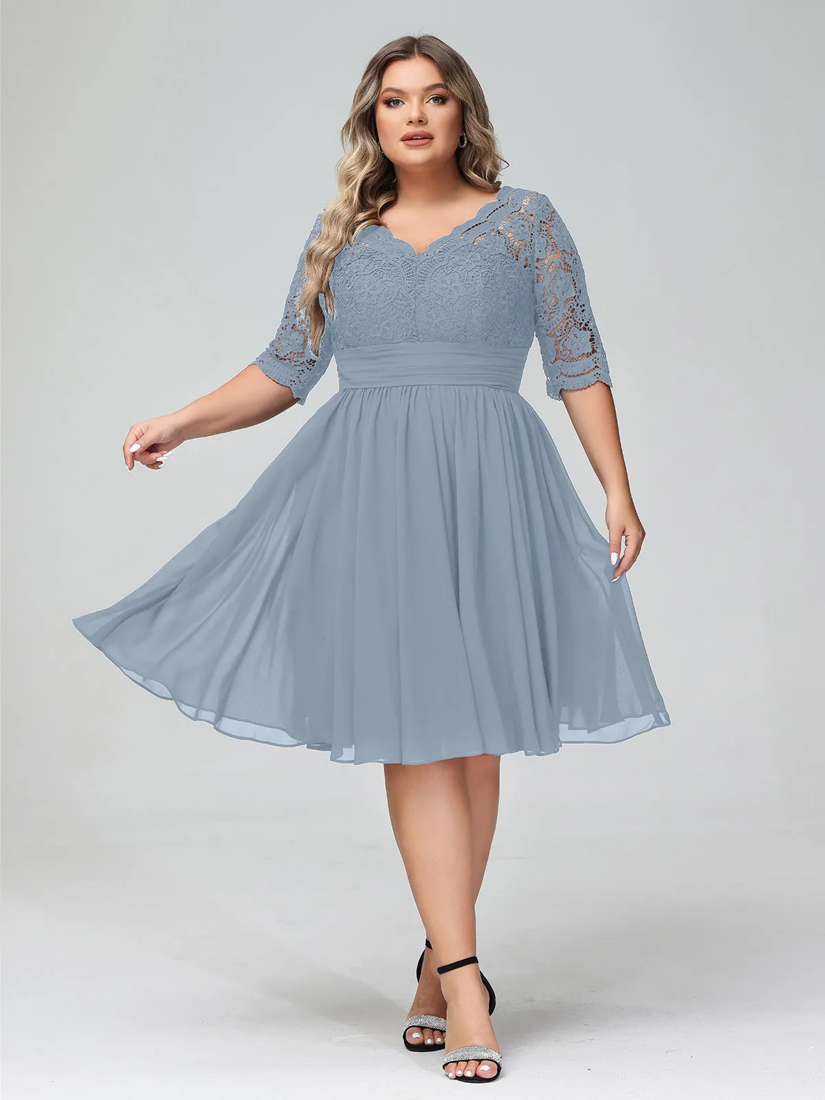 Lace and Chiffon Short Dress with Half Sleeves Dusty Blue