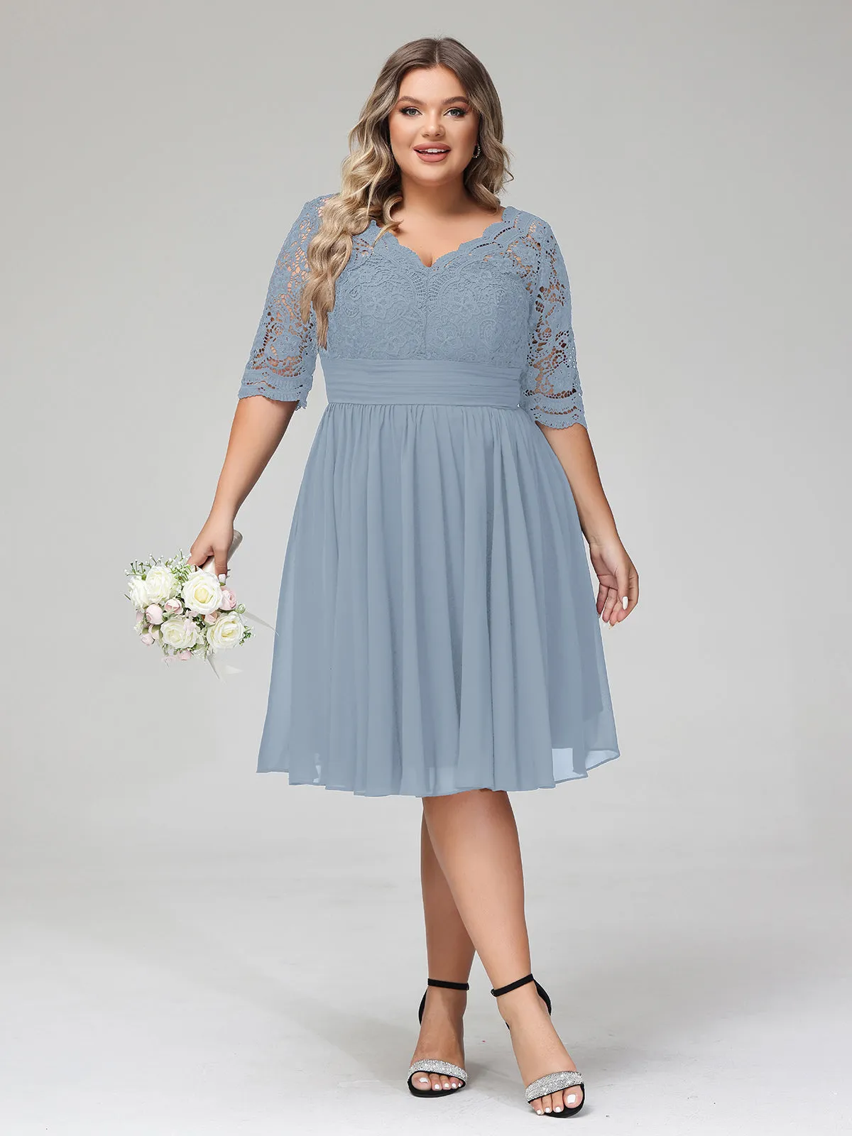 Lace and Chiffon Short Dress with Half Sleeves Dusty Blue