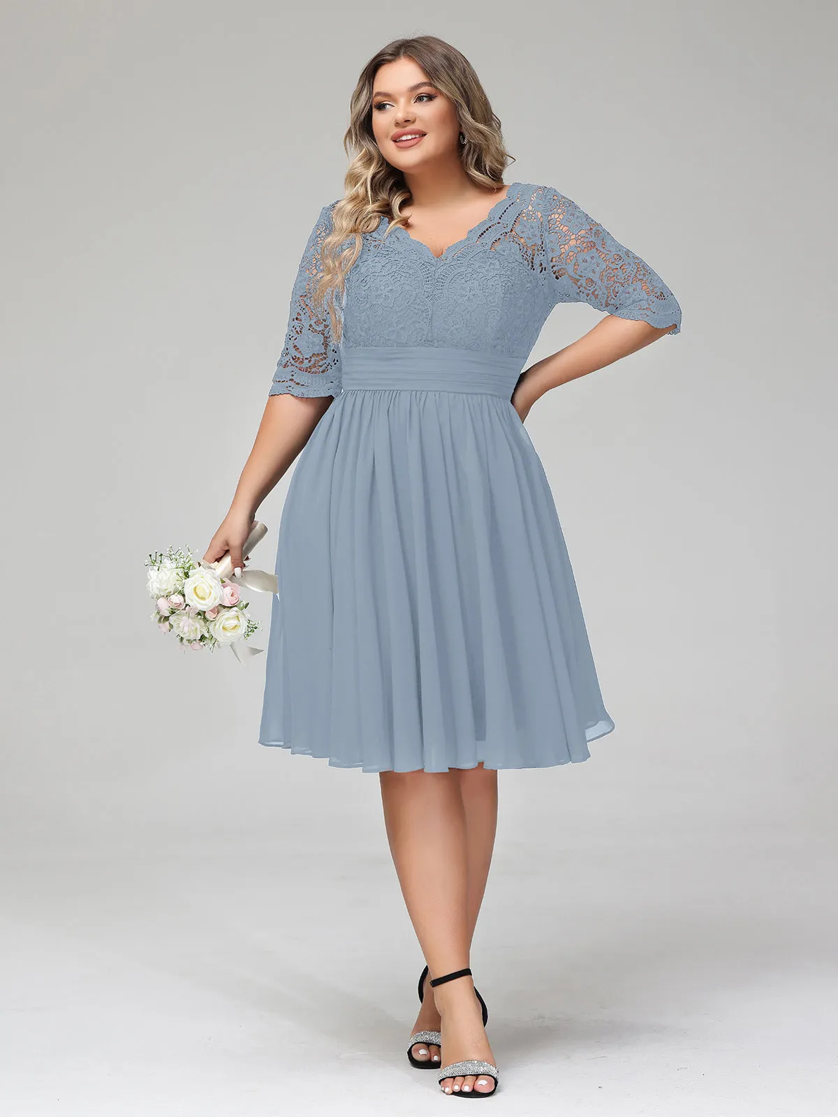 Lace and Chiffon Short Dress with Half Sleeves Dusty Blue