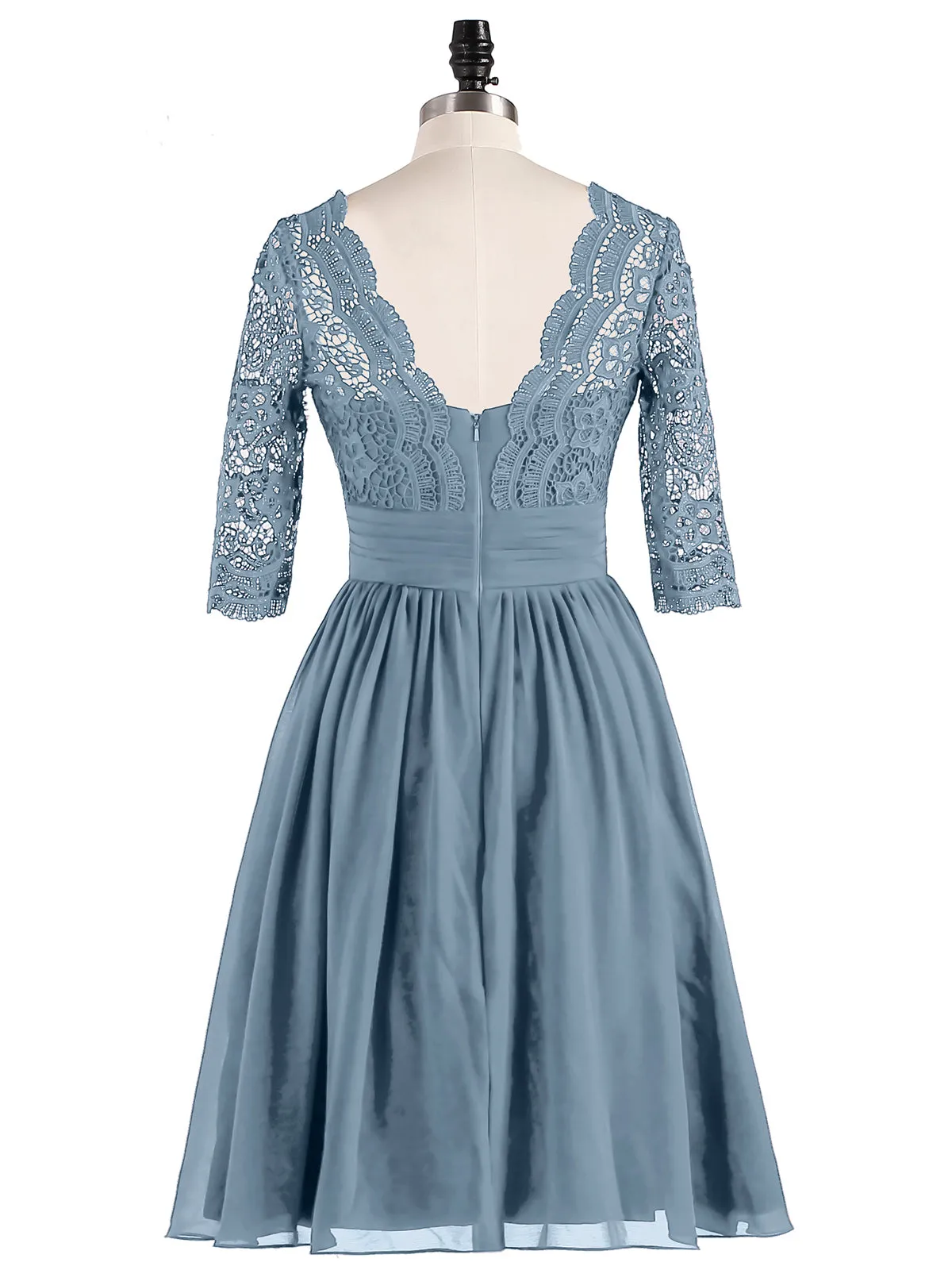 Lace and Chiffon Short Dress with Half Sleeves Dusty Blue