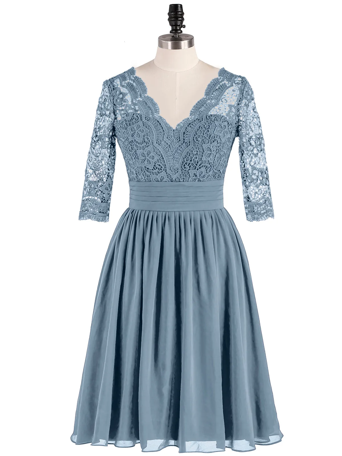 Lace and Chiffon Short Dress with Half Sleeves Dusty Blue