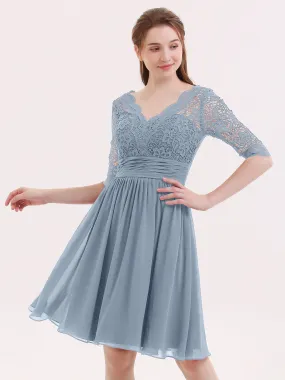 Lace and Chiffon Short Dress with Half Sleeves Dusty Blue