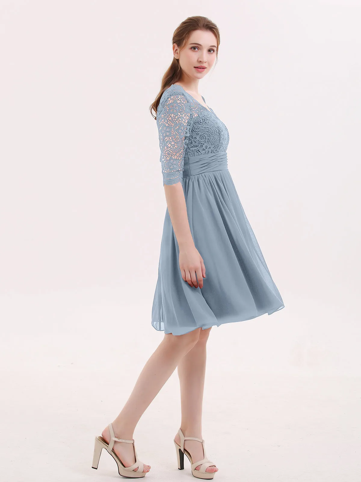 Lace and Chiffon Short Dress with Half Sleeves Dusty Blue