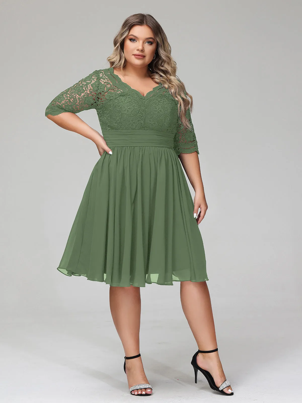 Lace and Chiffon Short Dress with Half Sleeves Olive Green