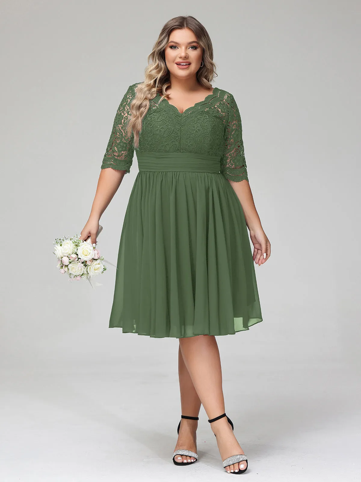 Lace and Chiffon Short Dress with Half Sleeves Olive Green