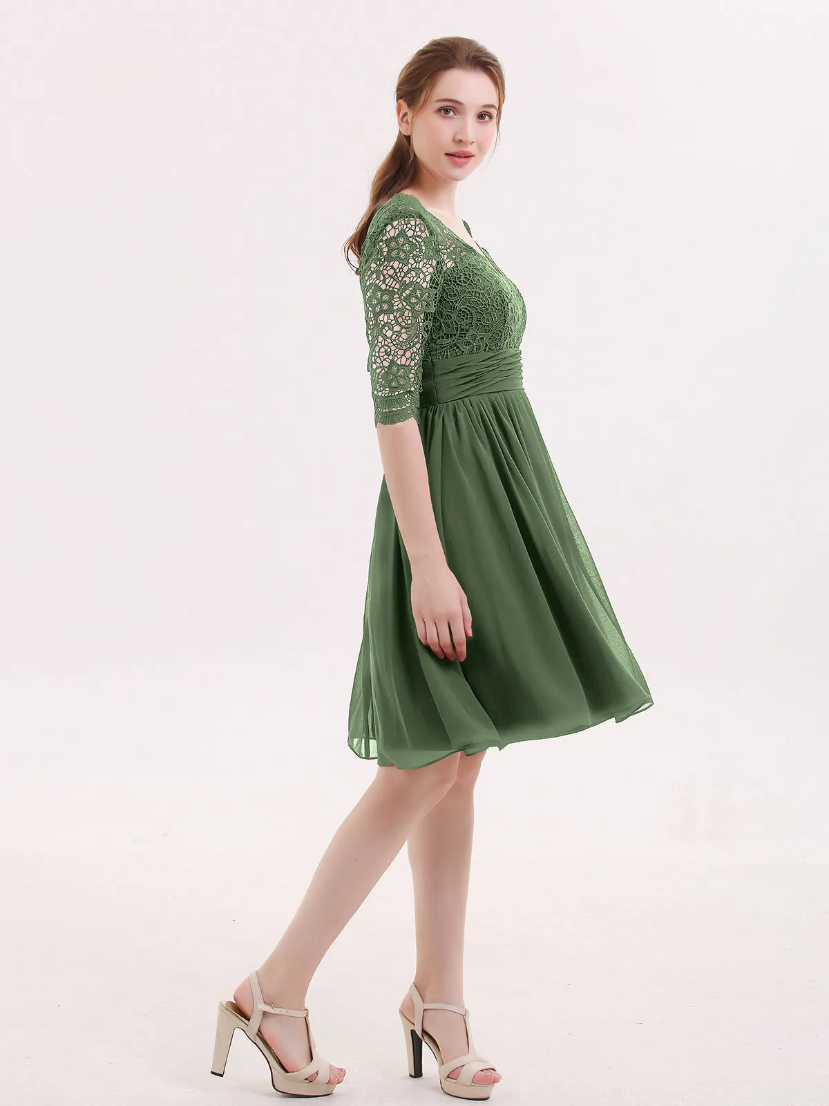 Lace and Chiffon Short Dress with Half Sleeves Olive Green