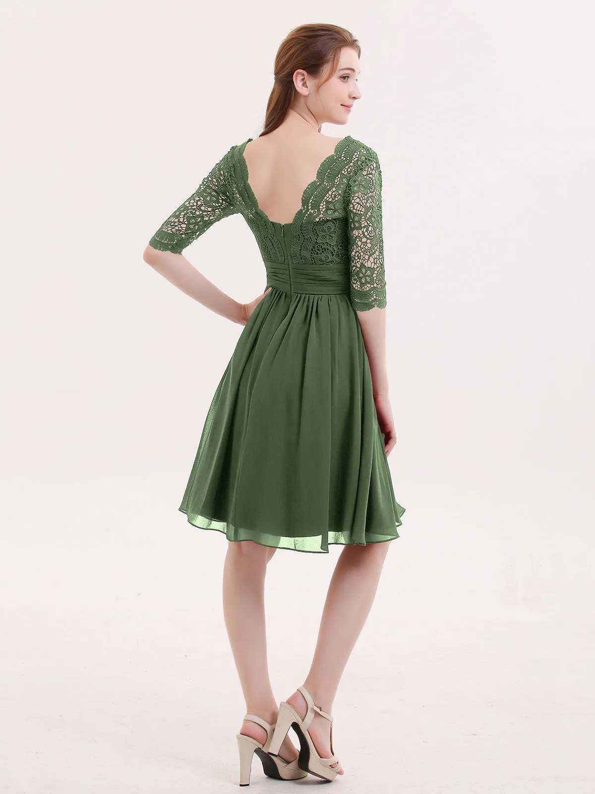 Lace and Chiffon Short Dress with Half Sleeves Olive Green