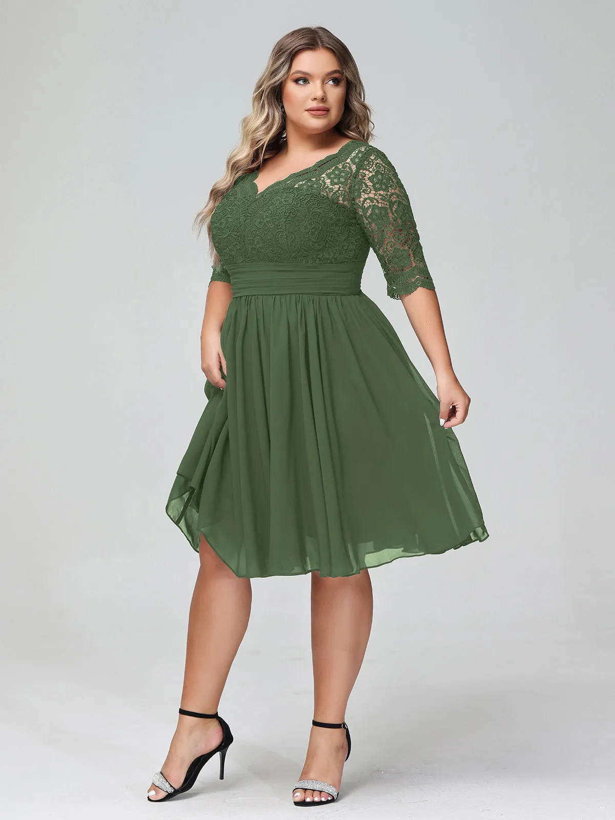 Lace and Chiffon Short Dress with Half Sleeves Olive Green