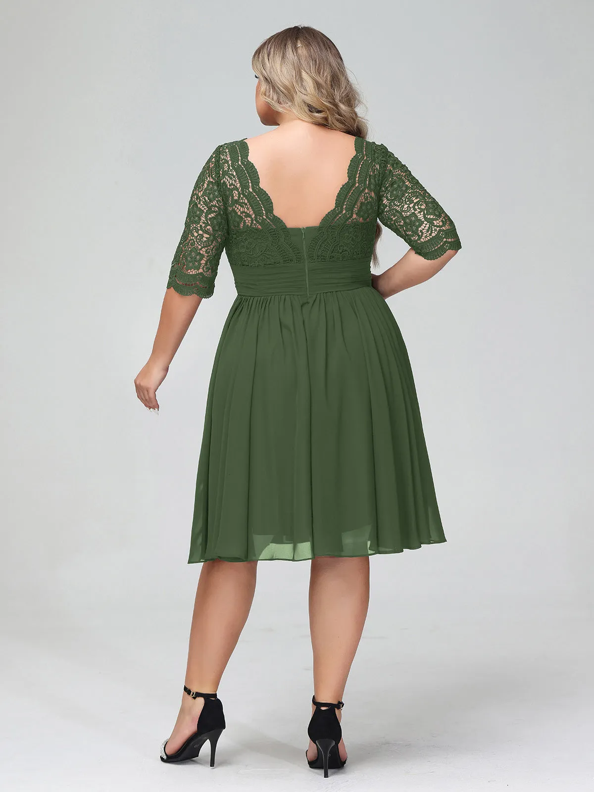 Lace and Chiffon Short Dress with Half Sleeves Olive Green