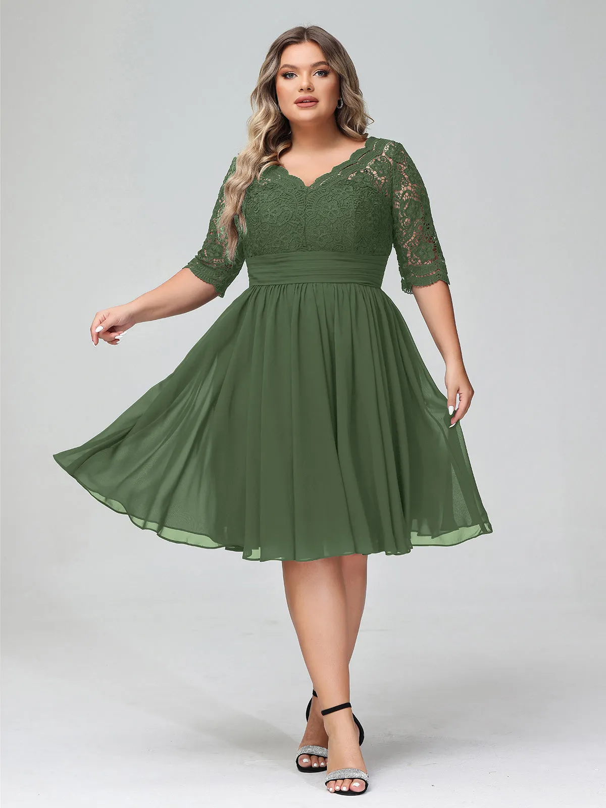 Lace and Chiffon Short Dress with Half Sleeves Olive Green