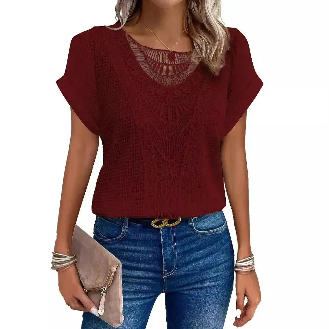 Lace Patchwork Short-sleeved T-shirt Women's Clothing