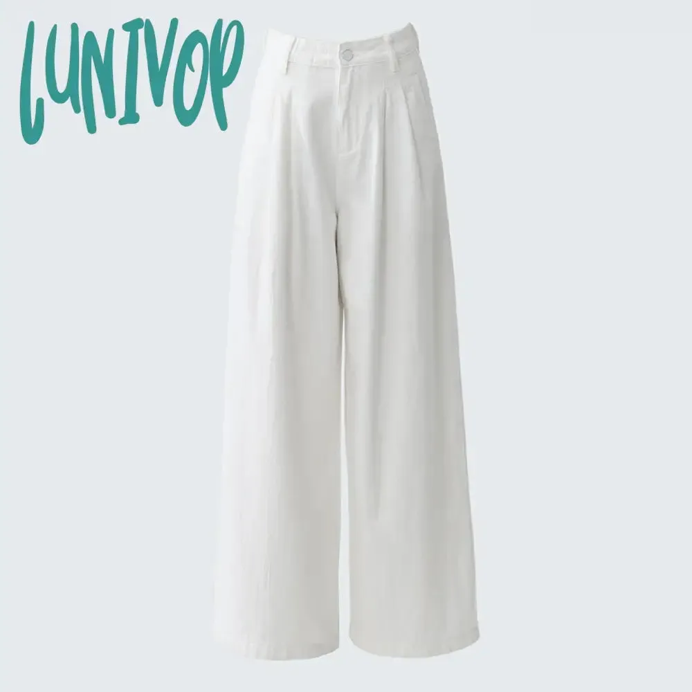 Lunivop 90s fashion men White Wide-Leg Jeans Women's Autumn High Waist Slimming Draping Pleated Loose Slimming Straight Mop Pants