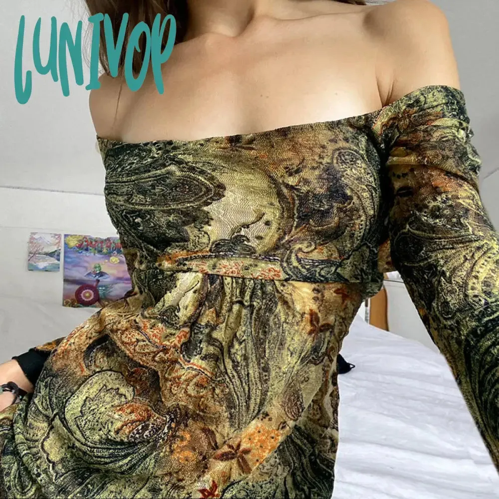 Lunivop 90s fashion Retro Abstract Oil Painting Printing Dress Women's 2024 Hot Girl Sexy Mesh Square Collar Flared Sleeve Skirt