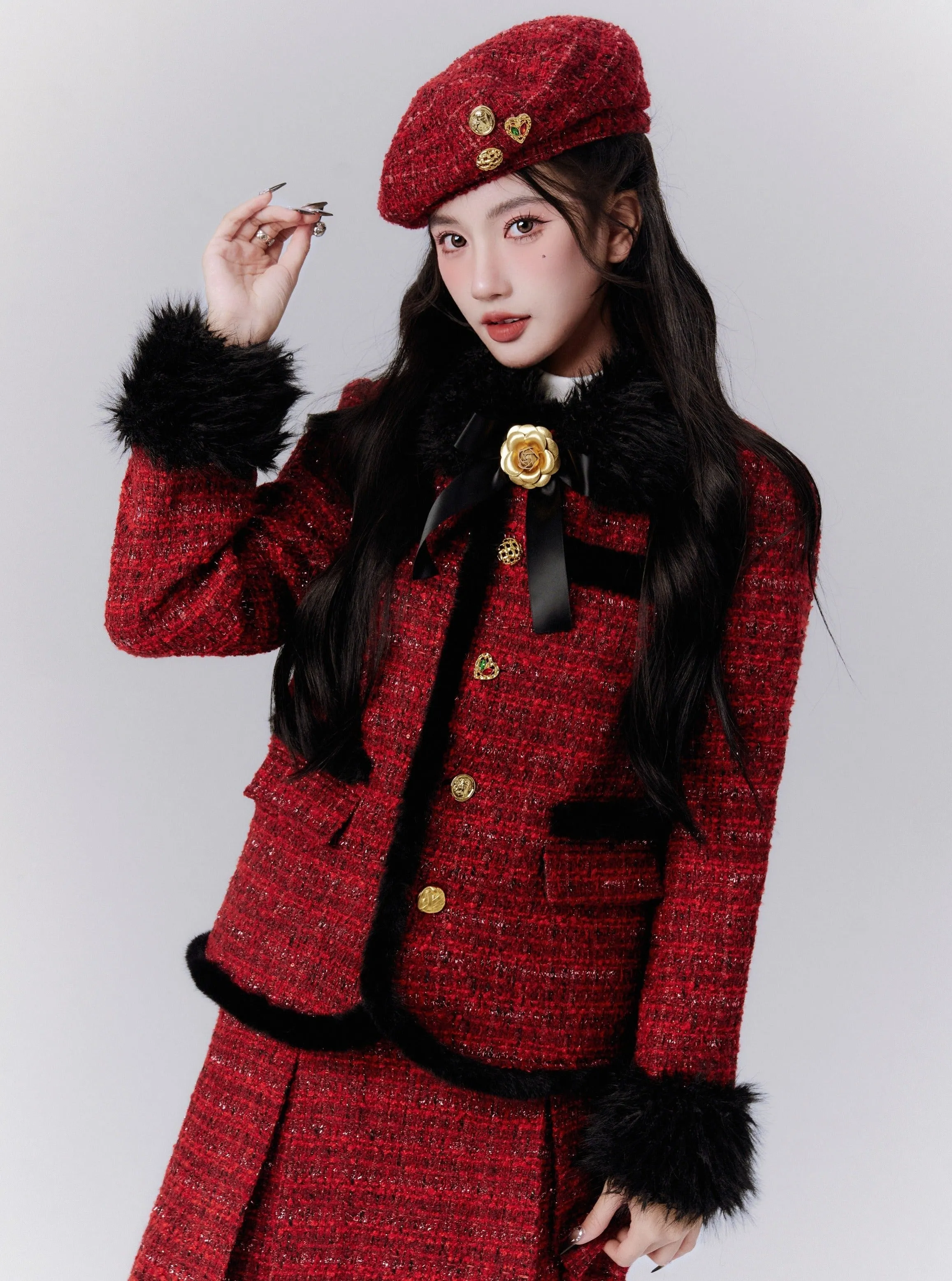 Luxe Burgundy Tweed Set: Fur-Trimmed Blazer and Pleated Mini Skirt