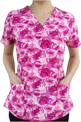 Maevn Women's V-Neck Print Scrub Top 1767 PNP Peony Pink <br> Sizes S to L