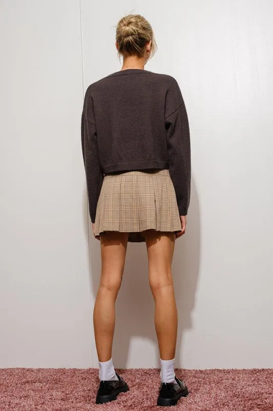 Martini Intarsia Knit Crew Neck Crop Sweater - Chocolate