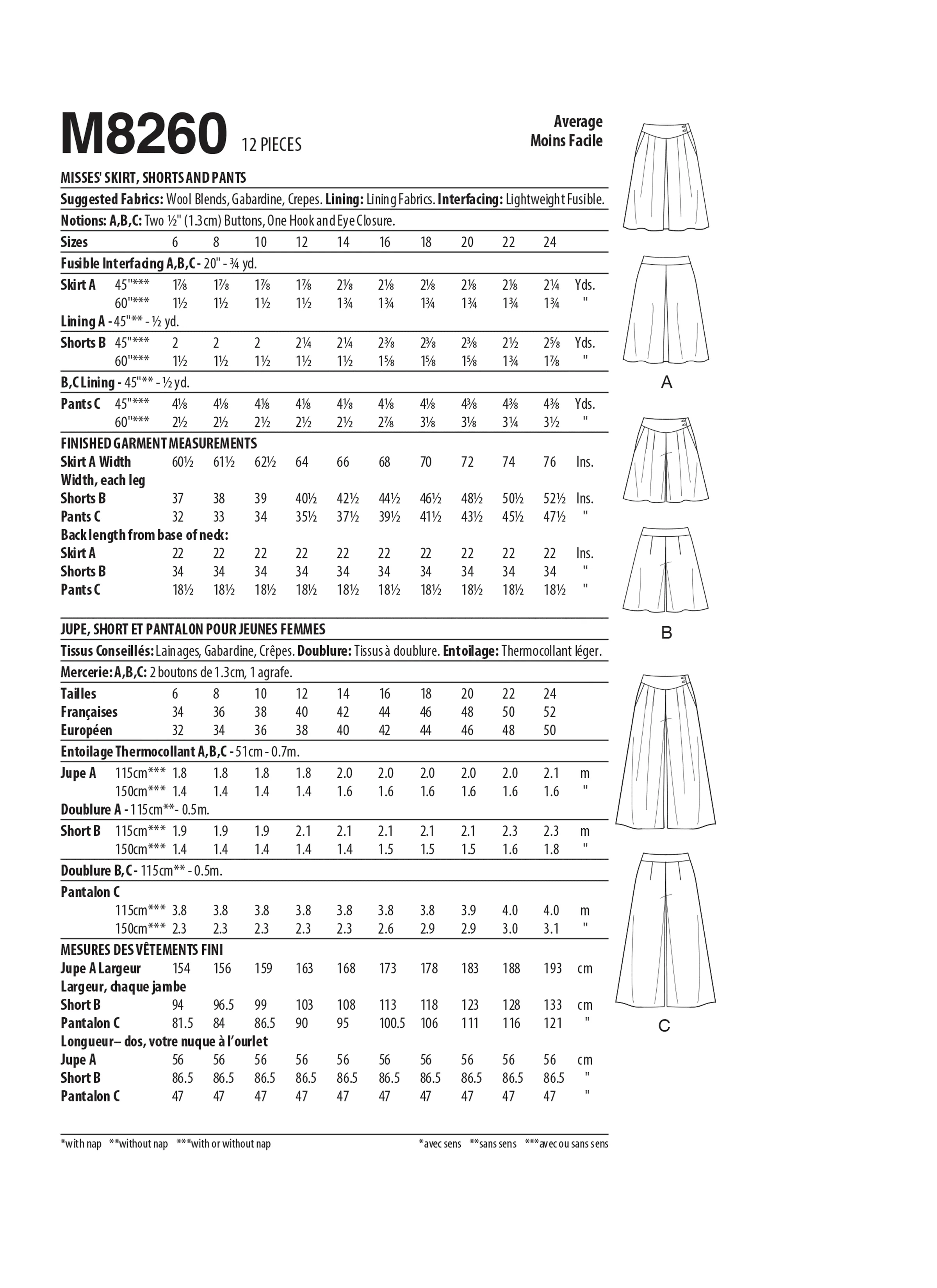 McCall's Sewing Pattern 8260 Misses' Skirt, Shorts and Pants