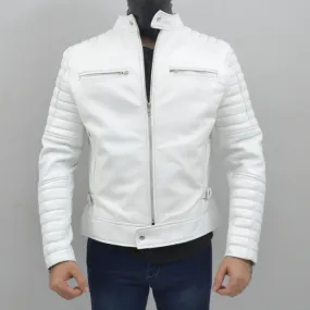 Men's Cafe Racer White Quilted Authentic Lambskin Leather Jacket