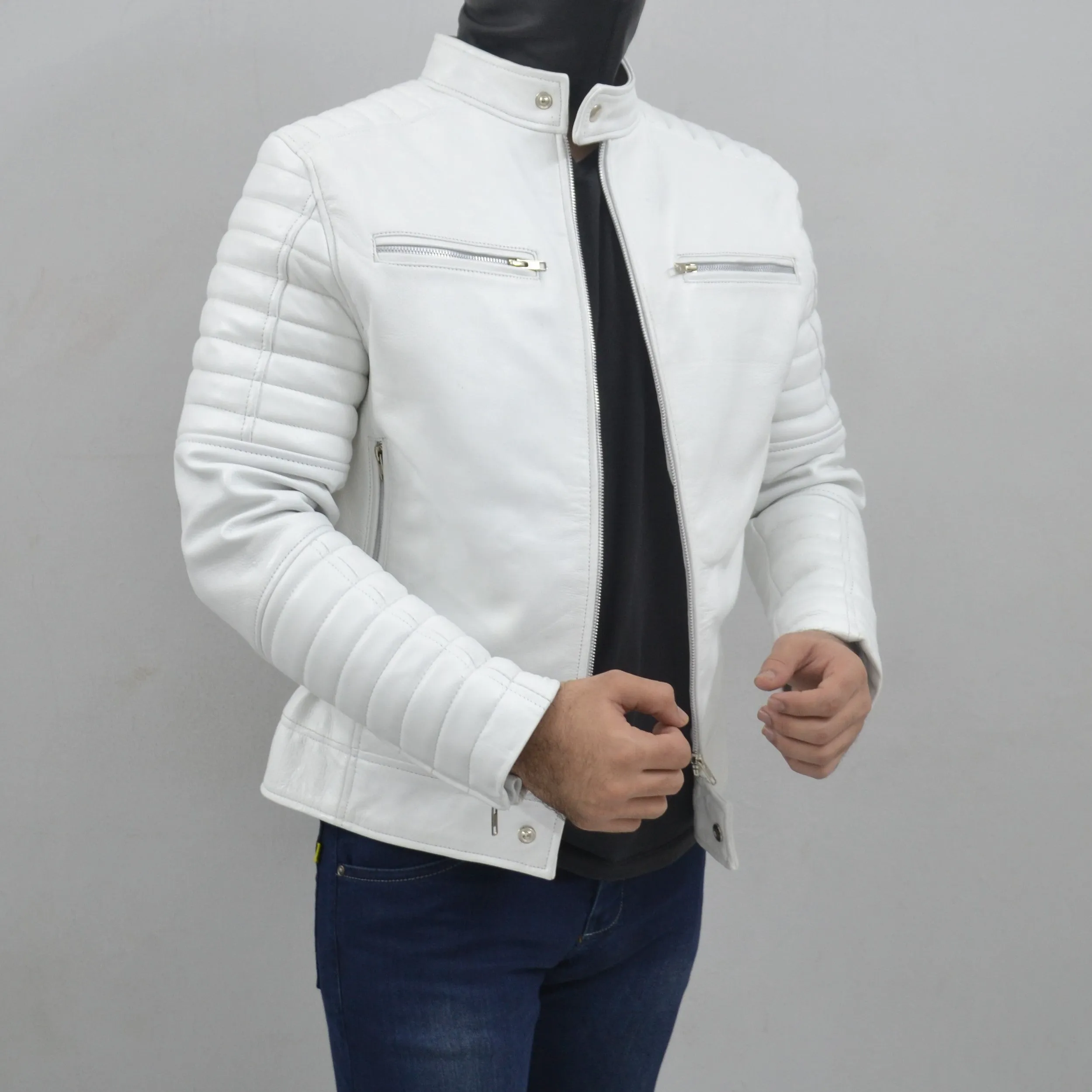 Men's Cafe Racer White Quilted Authentic Lambskin Leather Jacket