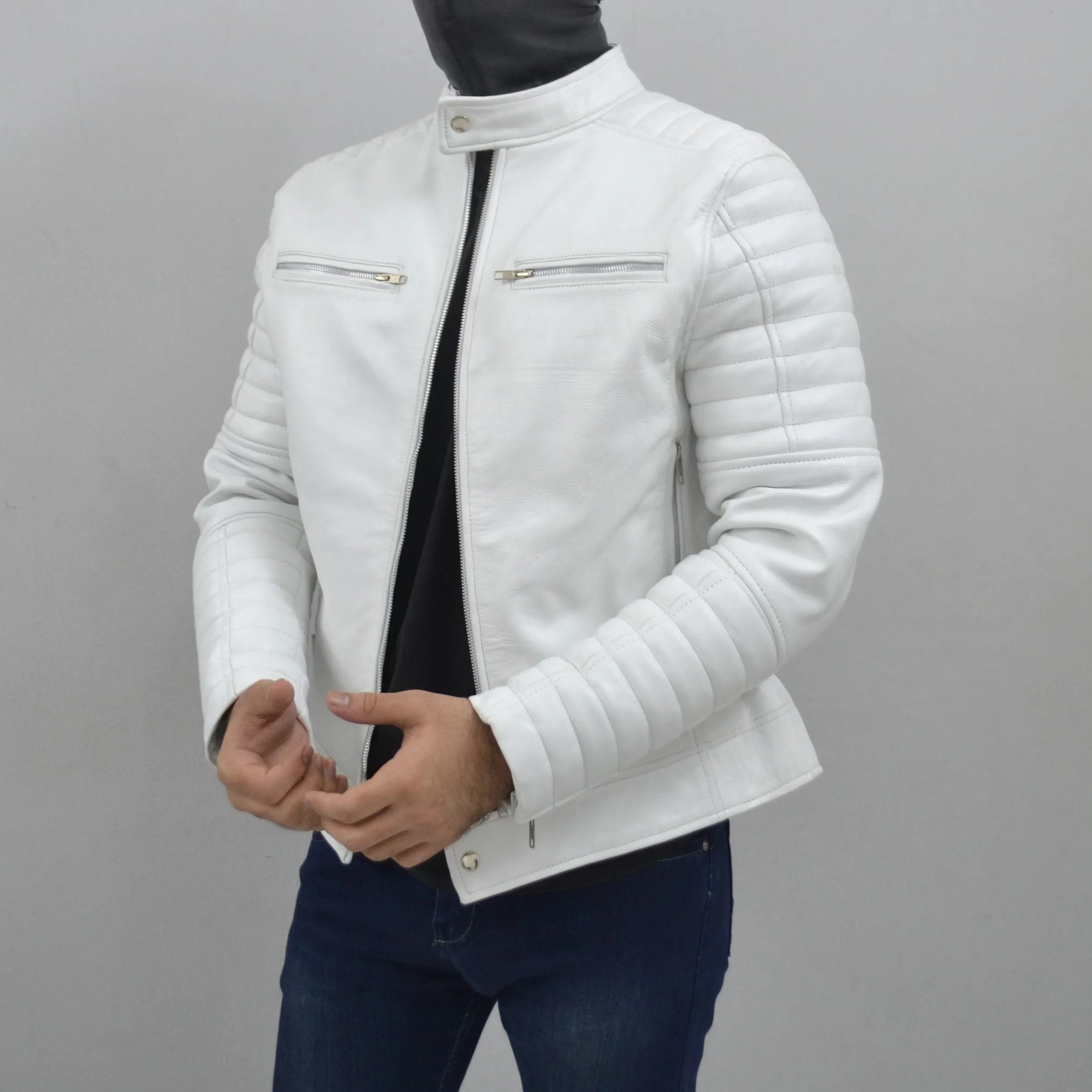 Men's Cafe Racer White Quilted Authentic Lambskin Leather Jacket