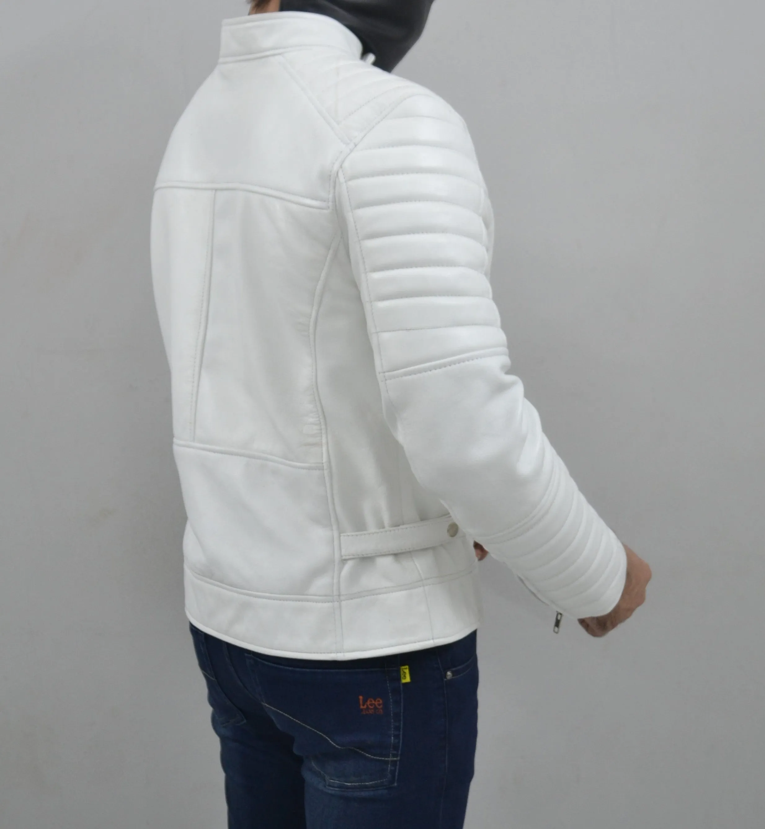 Men's Cafe Racer White Quilted Authentic Lambskin Leather Jacket