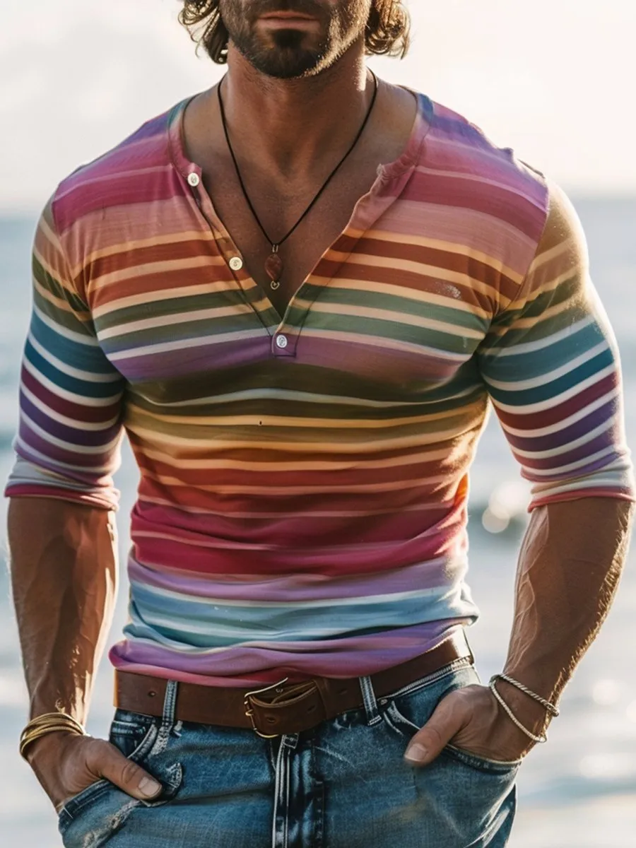 Men's Casual Colorful Stripe Print Long Sleeve Henley T-Shirt