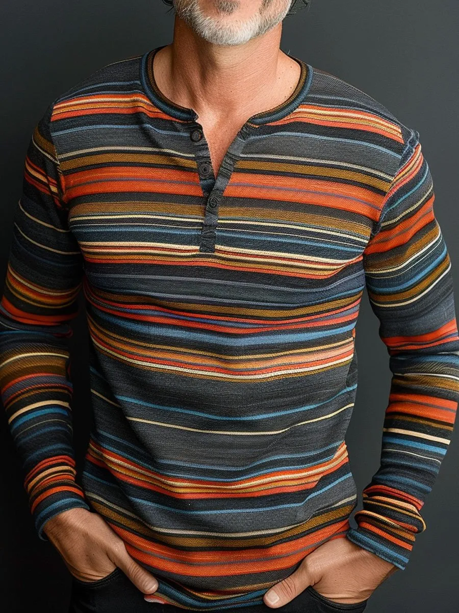 Men's Colorful Stripe Print Casual Henley Neck Long Sleeve T-Shirt