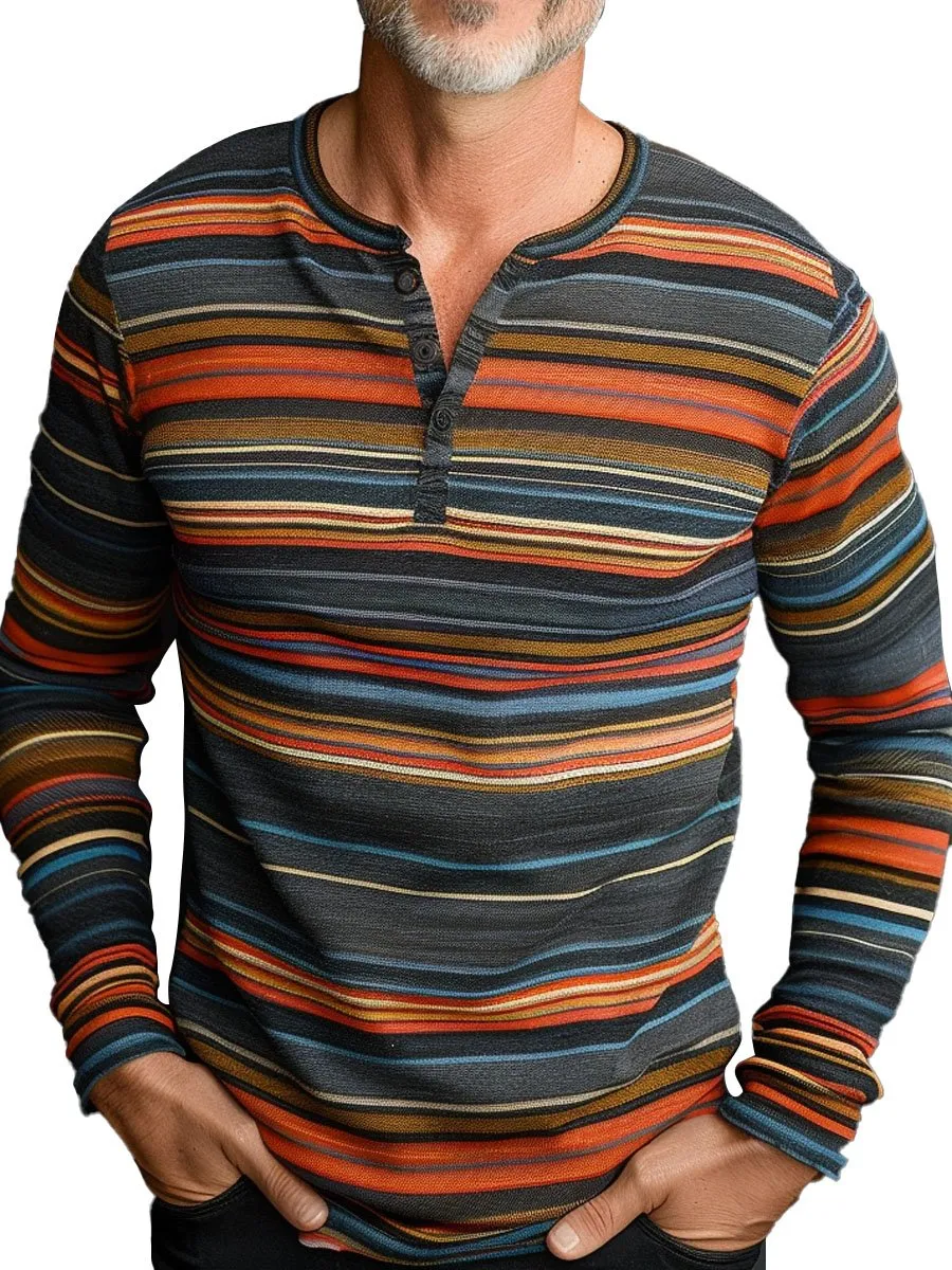 Men's Colorful Stripe Print Casual Henley Neck Long Sleeve T-Shirt