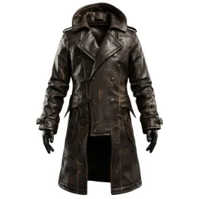 Men's Distressed Brown Genuine Sheepskin Vintage Leather Coat