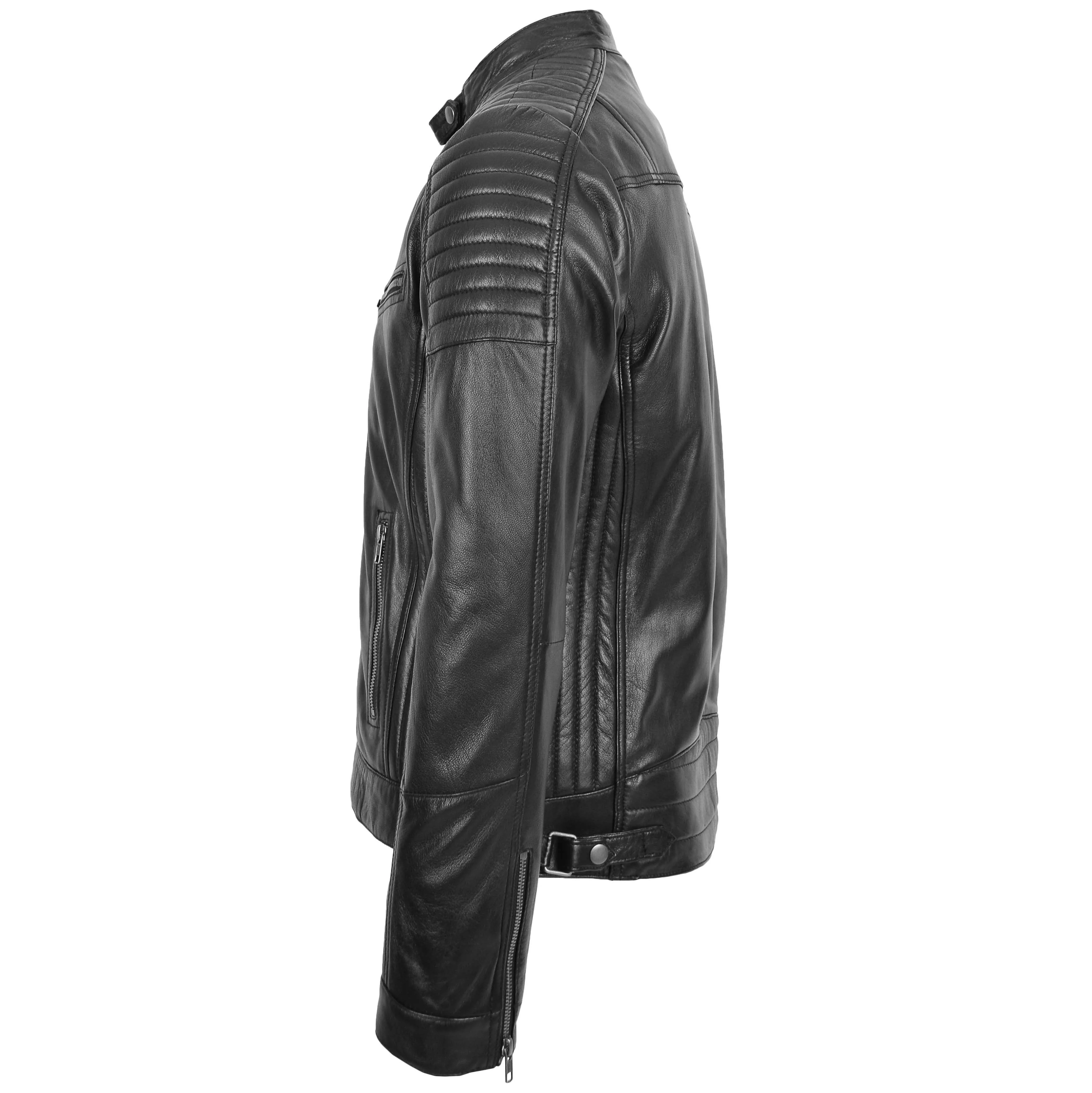 Mens Leather Cafe Racer Biker Jacket Ron Black