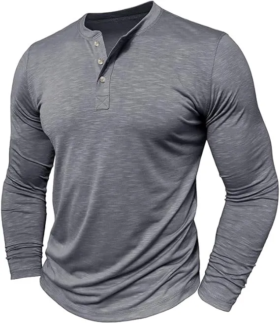 Men's Long Sleeve Henry Collar Bottoming T-shirt Three-Buckle Top