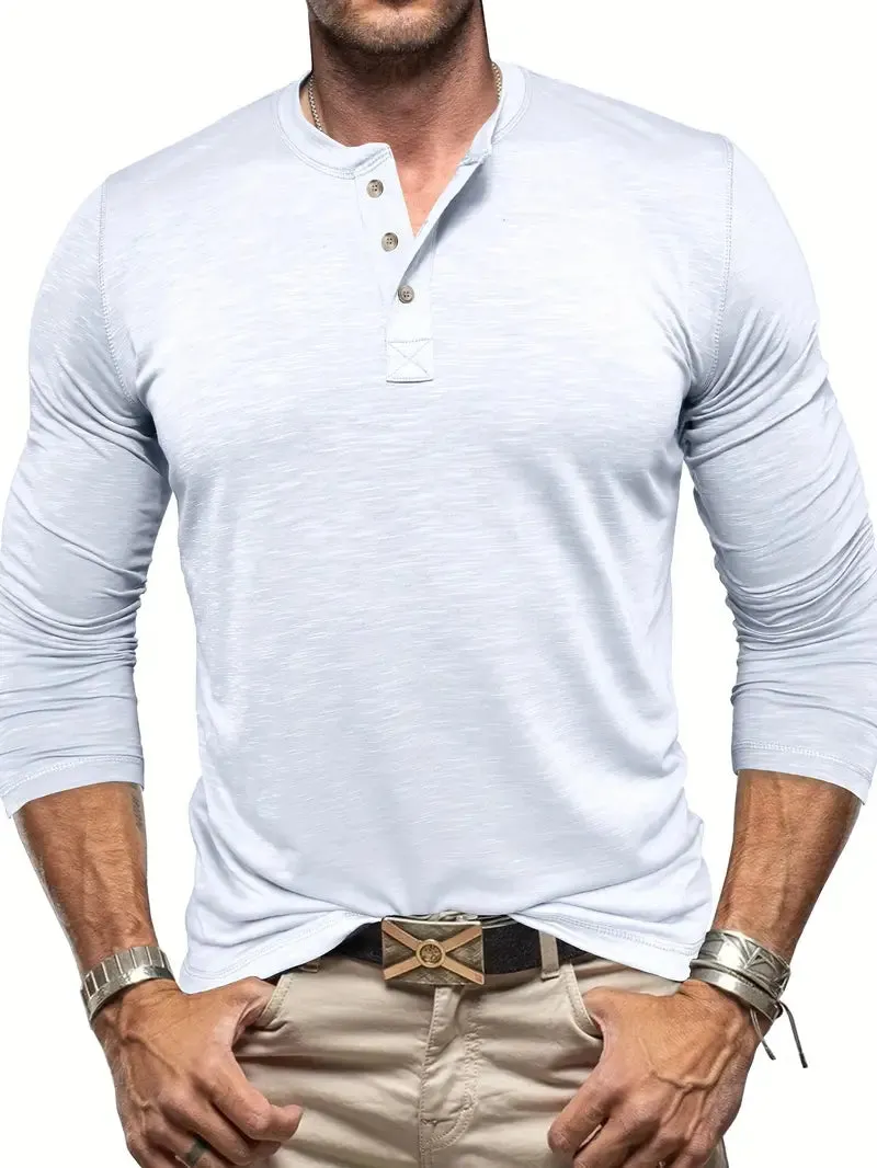 Men's Long Sleeve Henry Collar Bottoming T-shirt Three-Buckle Top