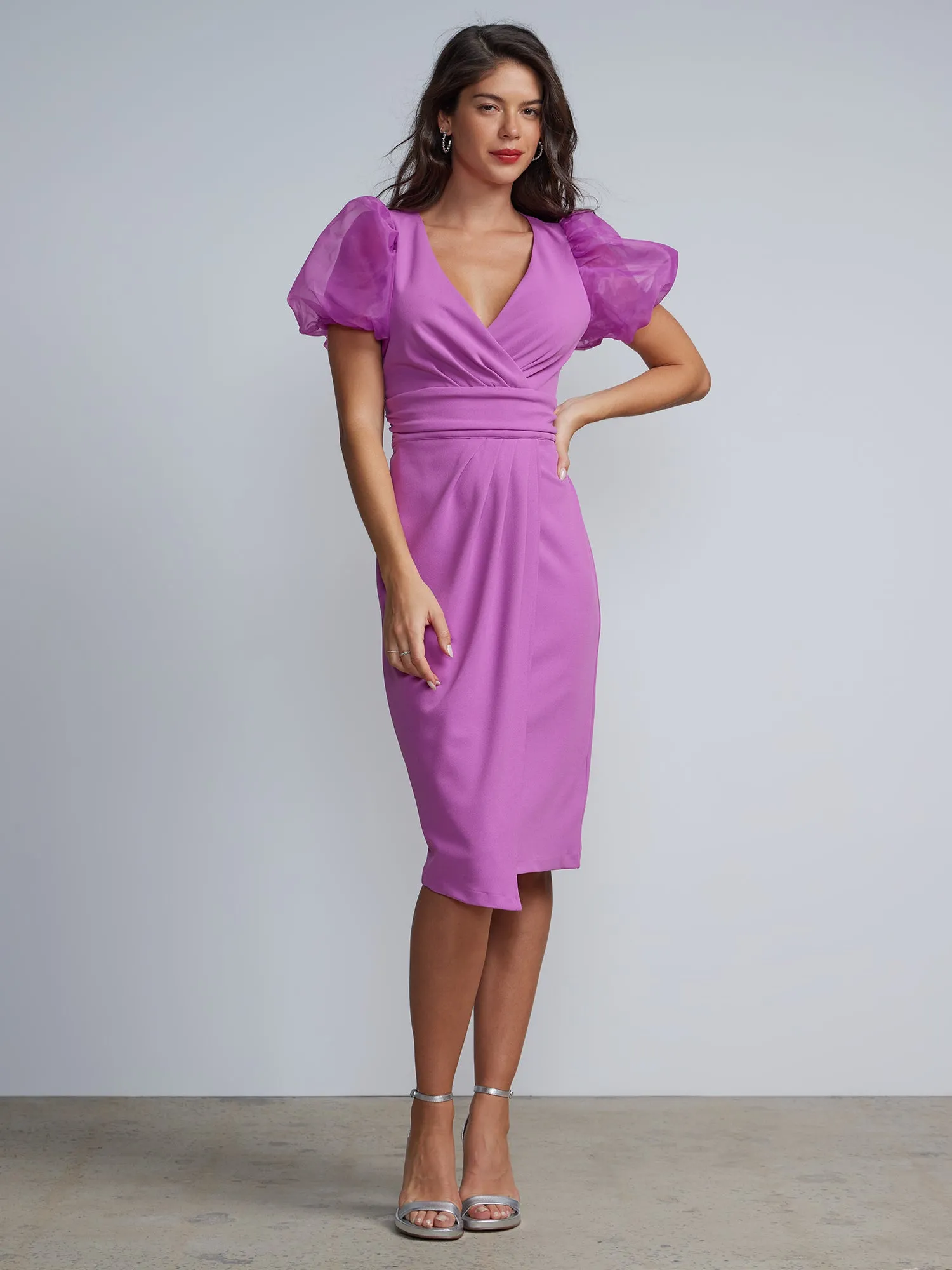 Mesh Puff Sleeve Faux Wrap Sheath Dress