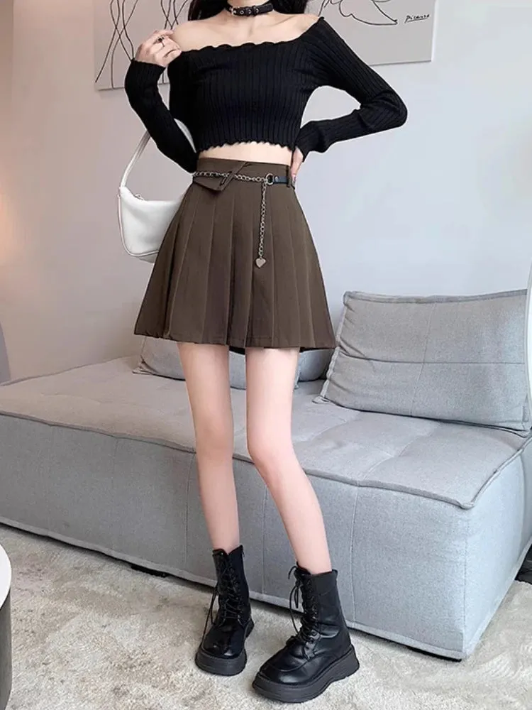 MQTIME  -  Black pleated skirt for women's Spring and Autumn 2024 new design with a chain A-line skirt, high waisted short skirt