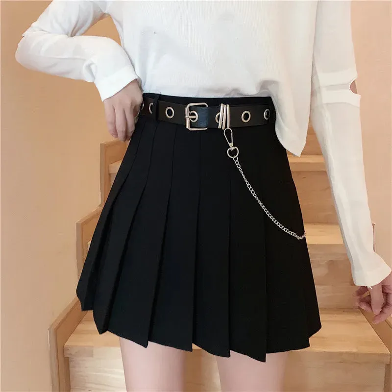 MQTIME  -  Black pleated skirt for women's Spring and Autumn 2024 new design with a chain A-line skirt, high waisted short skirt