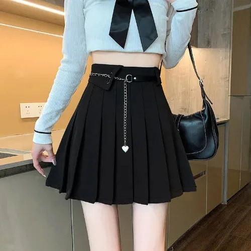 MQTIME  -  Black pleated skirt for women's Spring and Autumn 2024 new design with a chain A-line skirt, high waisted short skirt