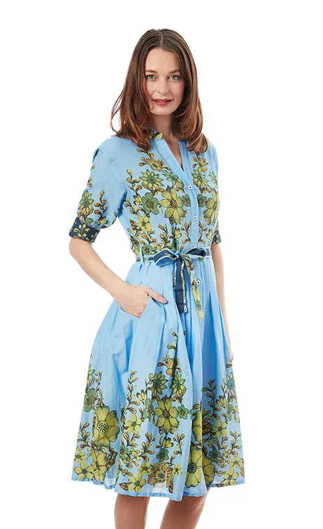 Mrs Maisel Dress - Light Blue Ground With Leaves Print