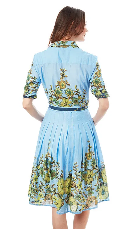 Mrs Maisel Dress - Light Blue Ground With Leaves Print