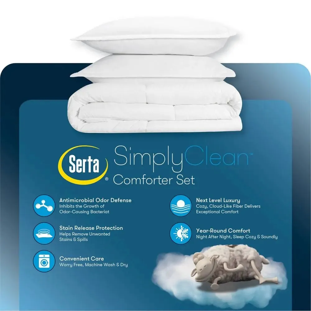 New - Serta Comforter Set Pleated Stain-Resistant Antimicrobial, White, Twin/TwinXL