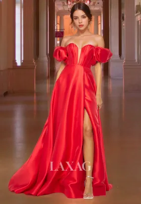 Off-Shoulder Sweetheart Sleeveless Satin Formal Gowns Pleated Cutout High Slit A-Line Prom Dress