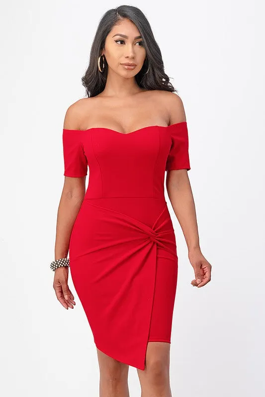 off the shoulder front twist bodycon dress