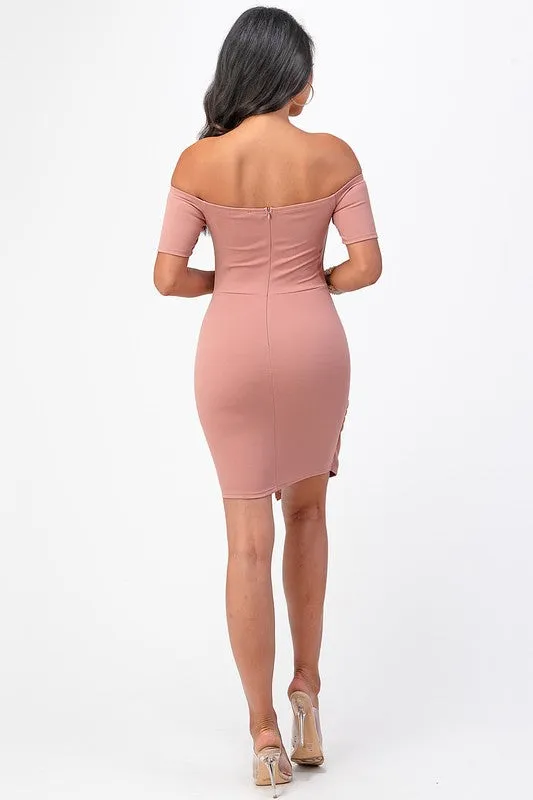 off the shoulder front twist bodycon dress