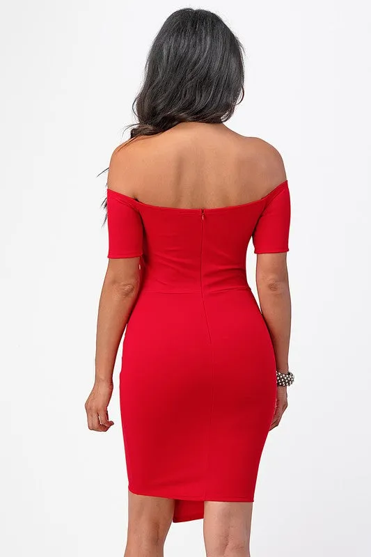 off the shoulder front twist bodycon dress