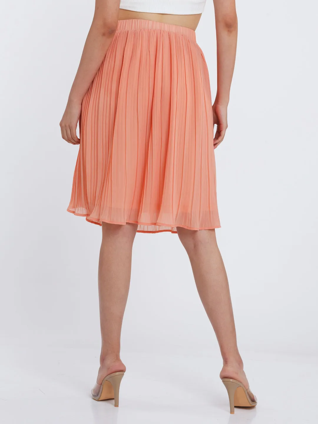 Orange Solid Pleated Skirt