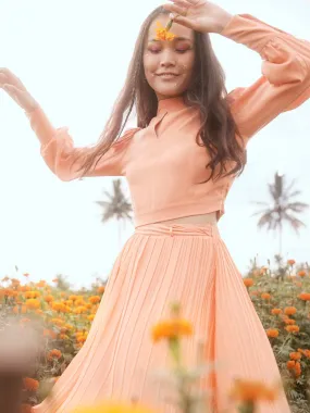 Orange Solid Pleated Skirt